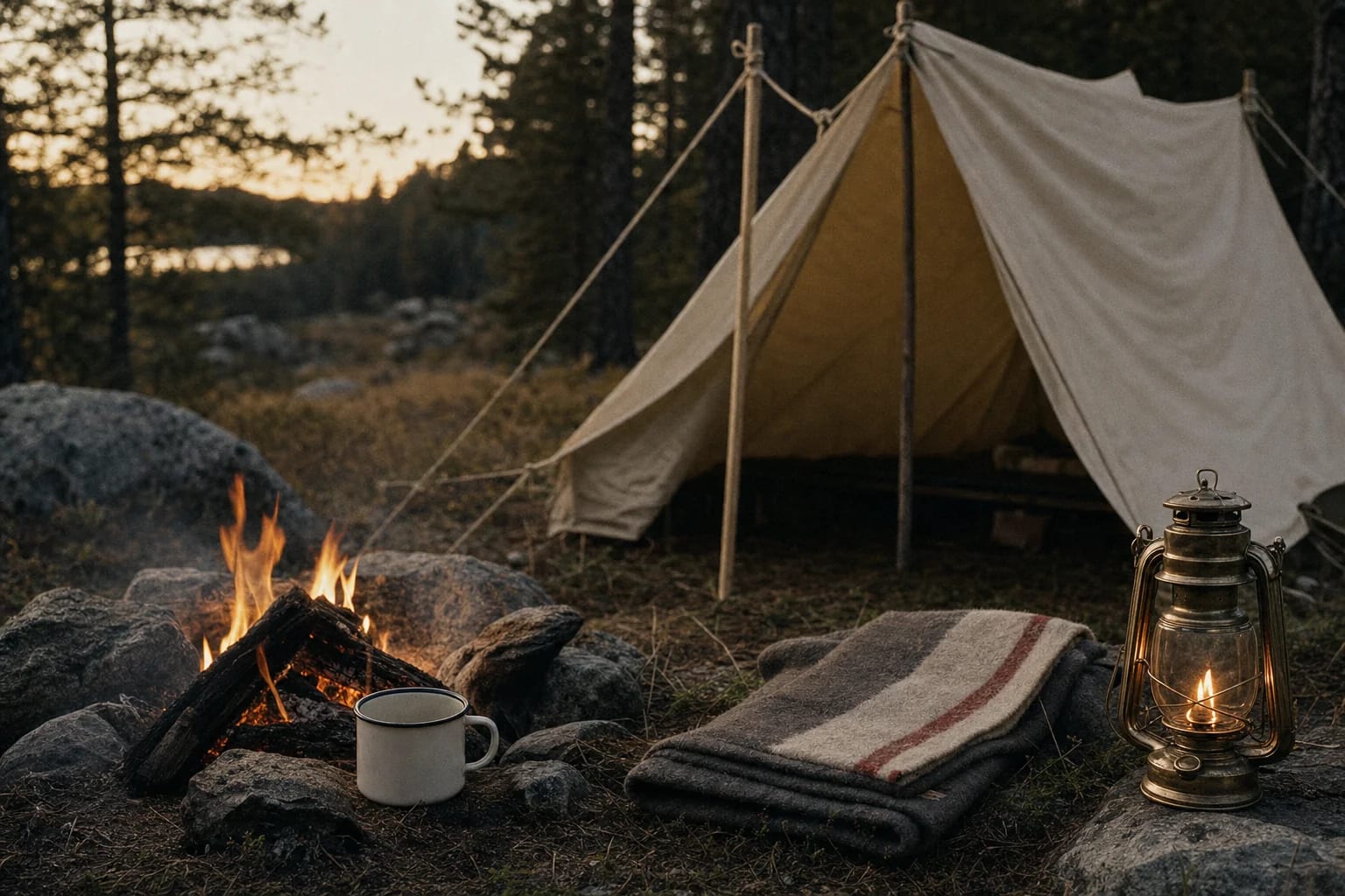 A canvas tent in a forest clearing at dusk with a lantern and campfire