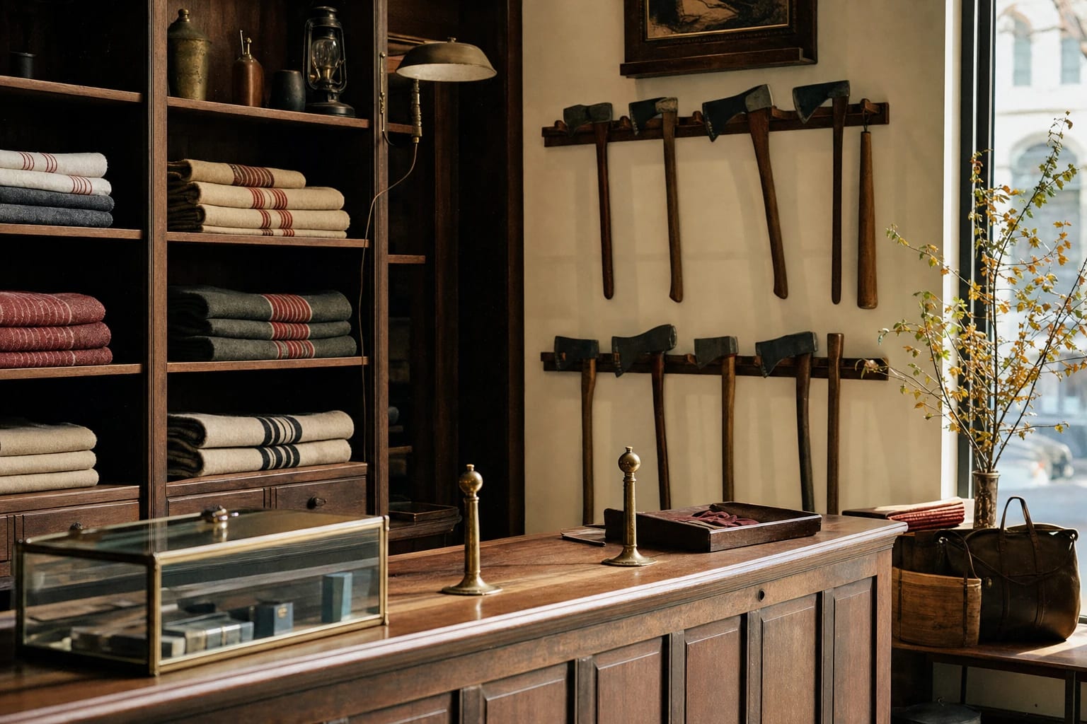 The outfitting room — oak shelving with folded blankets, axes on wall pegs, warm afternoon light